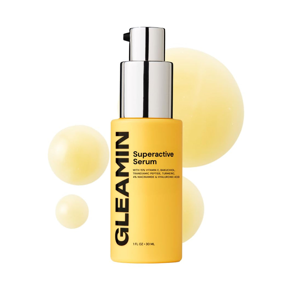 Gleamin Superactive Serum bottle closeup showing premium packaging for radiant skin