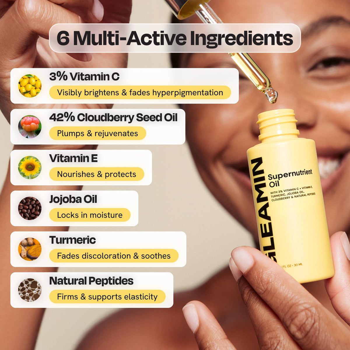Gleamin Supernutrient Oil cloudberry turmeric imagery emphasizes antioxidant-rich brightening.
