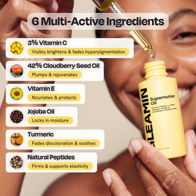 Gleamin Supernutrient Oil cloudberry turmeric imagery emphasizes antioxidant-rich brightening.