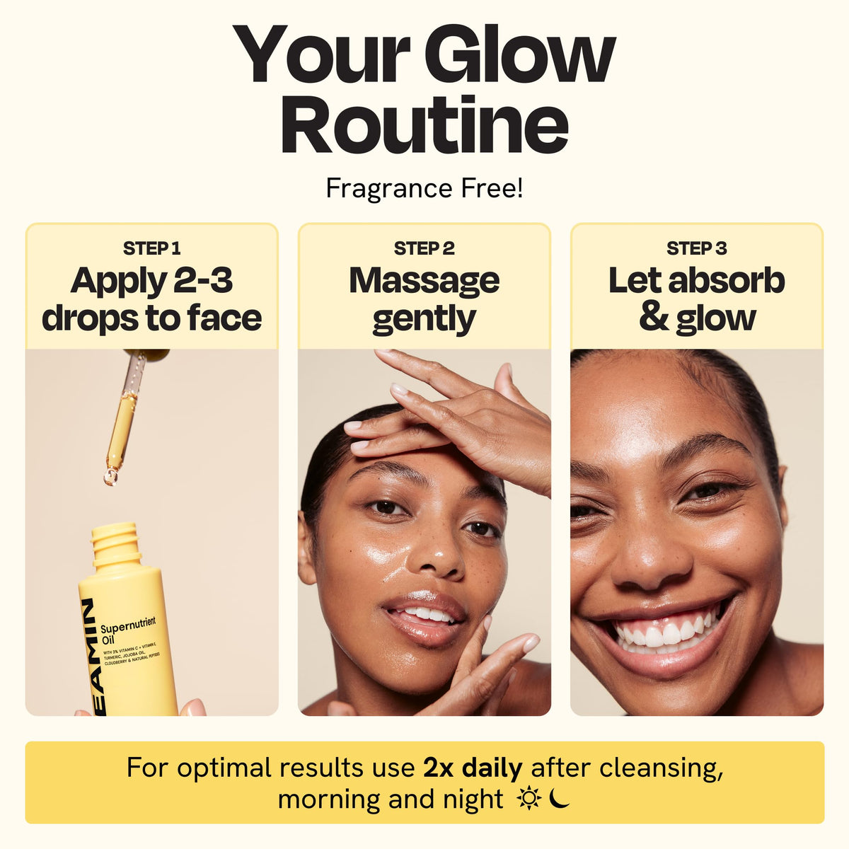 Gleamin Supernutrient Oil fragrance-free bottle highlights clean skincare for sensitive skin.