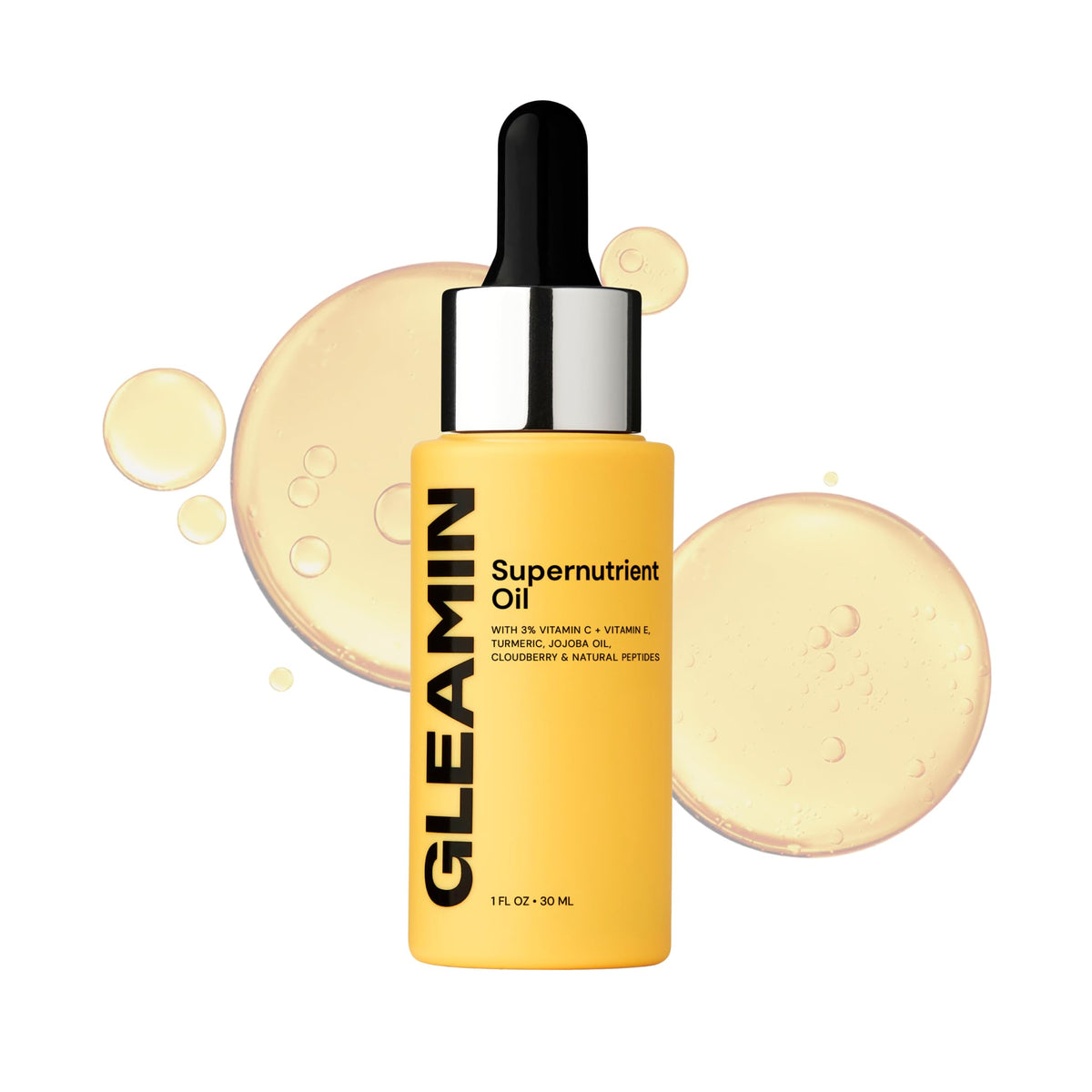 Gleamin Supernutrient Oil radiance bottle showing a brightening formula for luminous skin.
