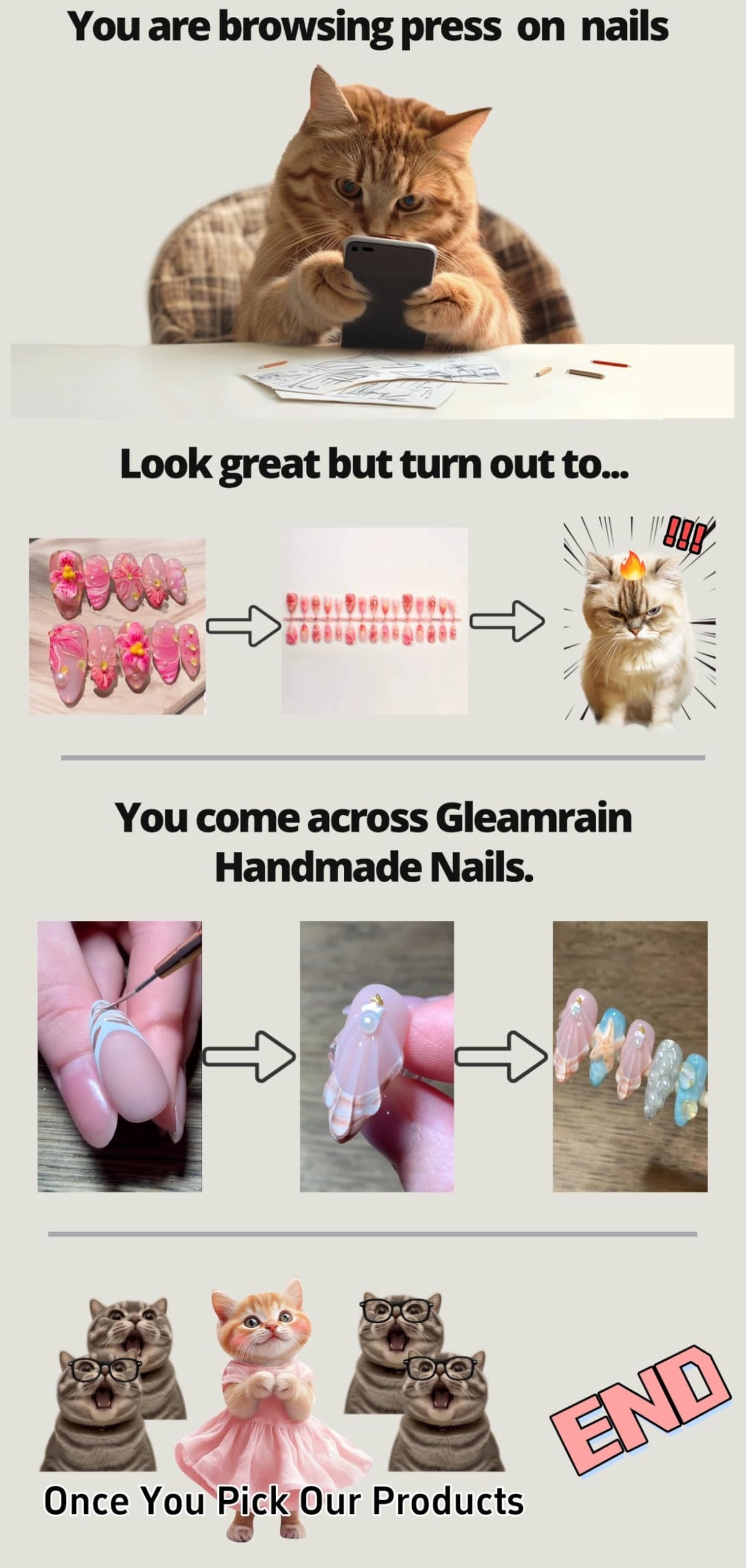 At-home manicure with Gleamrain almond nails in soft pink tones and floral details.