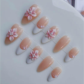 Gleamrain almond press-on nails with cherry blossom pink French tips for elegant everyday wear.