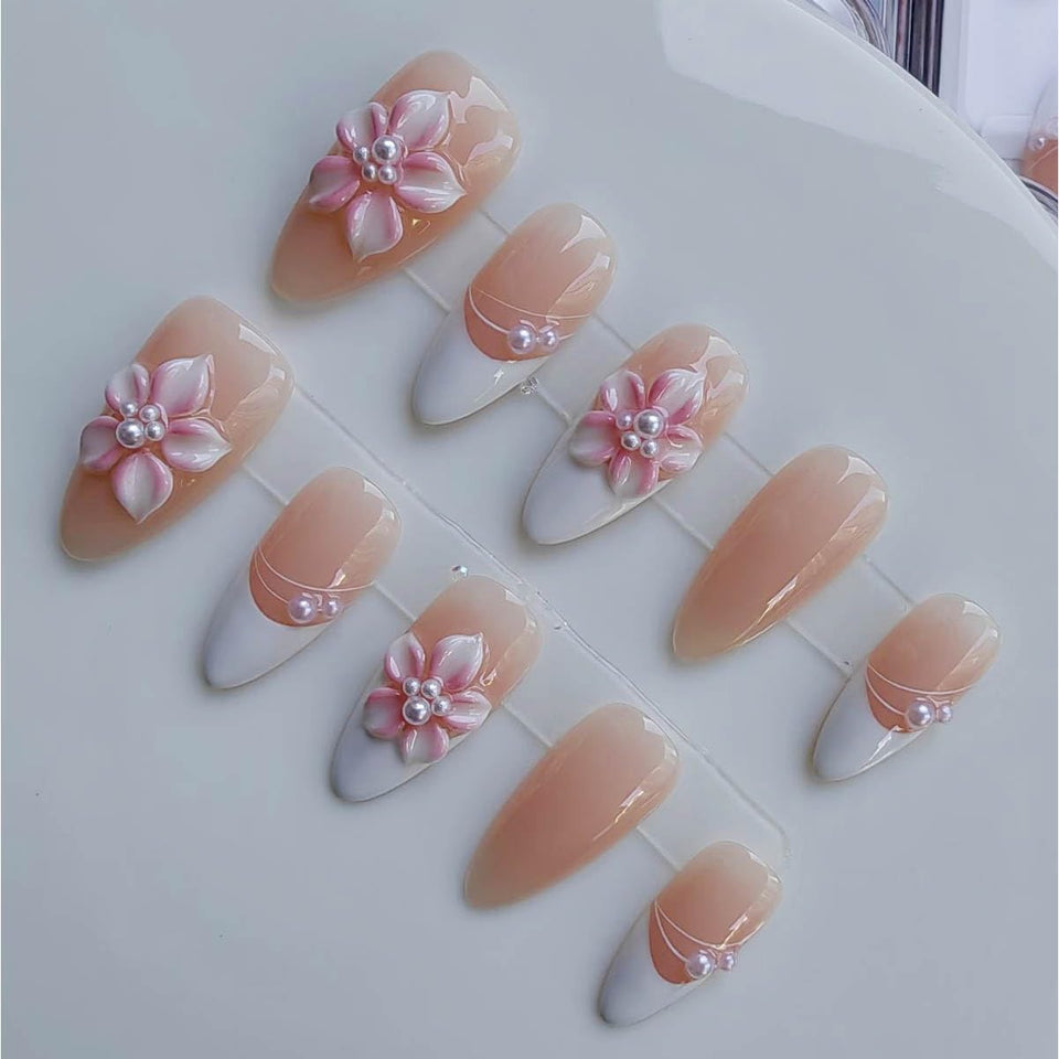 Gleamrain almond press-on nails with cherry blossom pink French tips for elegant everyday wear.