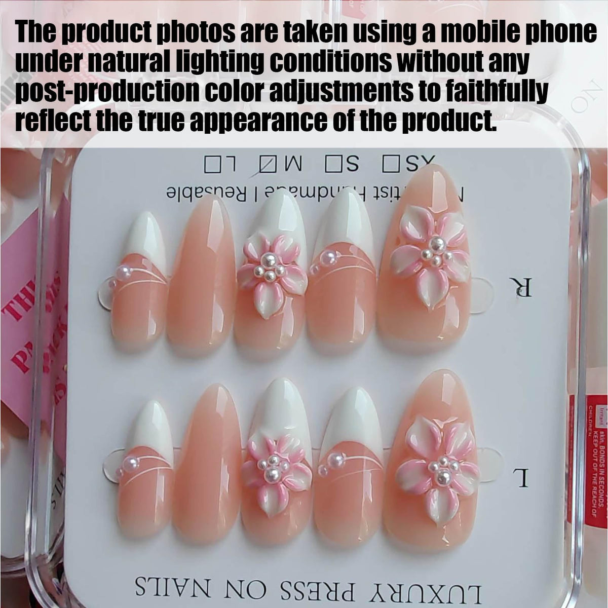 Gleamrain almond press-on nails showcasing floral pearl detail for a chic look.