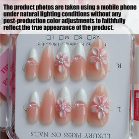 Gleamrain almond press-on nails showcasing floral pearl detail for a chic look.