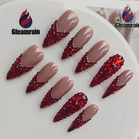 Gleamrain nude-base press-ons with a high-gloss finish for a polished glow.