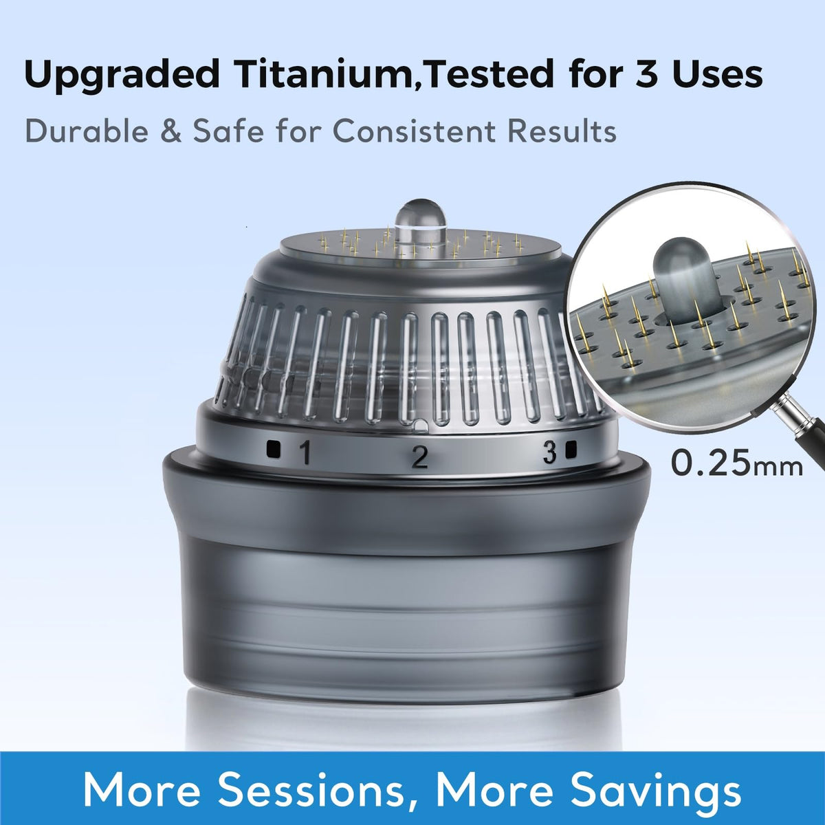 Glemme titanium microneedle derma stamp 0.25mm in use for gentle scalp micro-stimulation