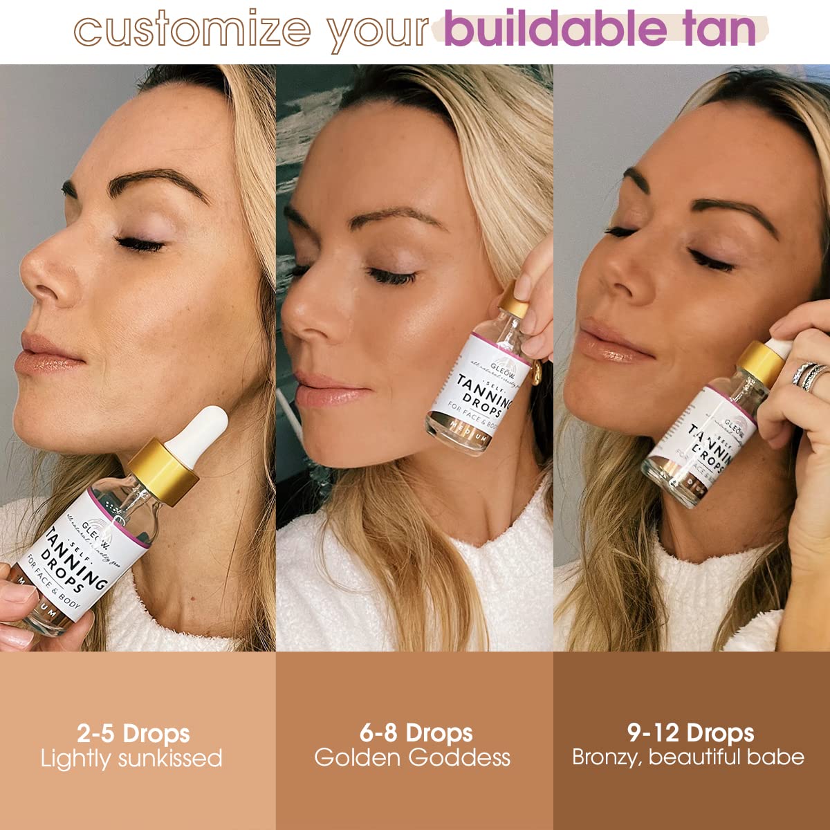 GLEOW chamomile and green tea formula soothing skin during tanning