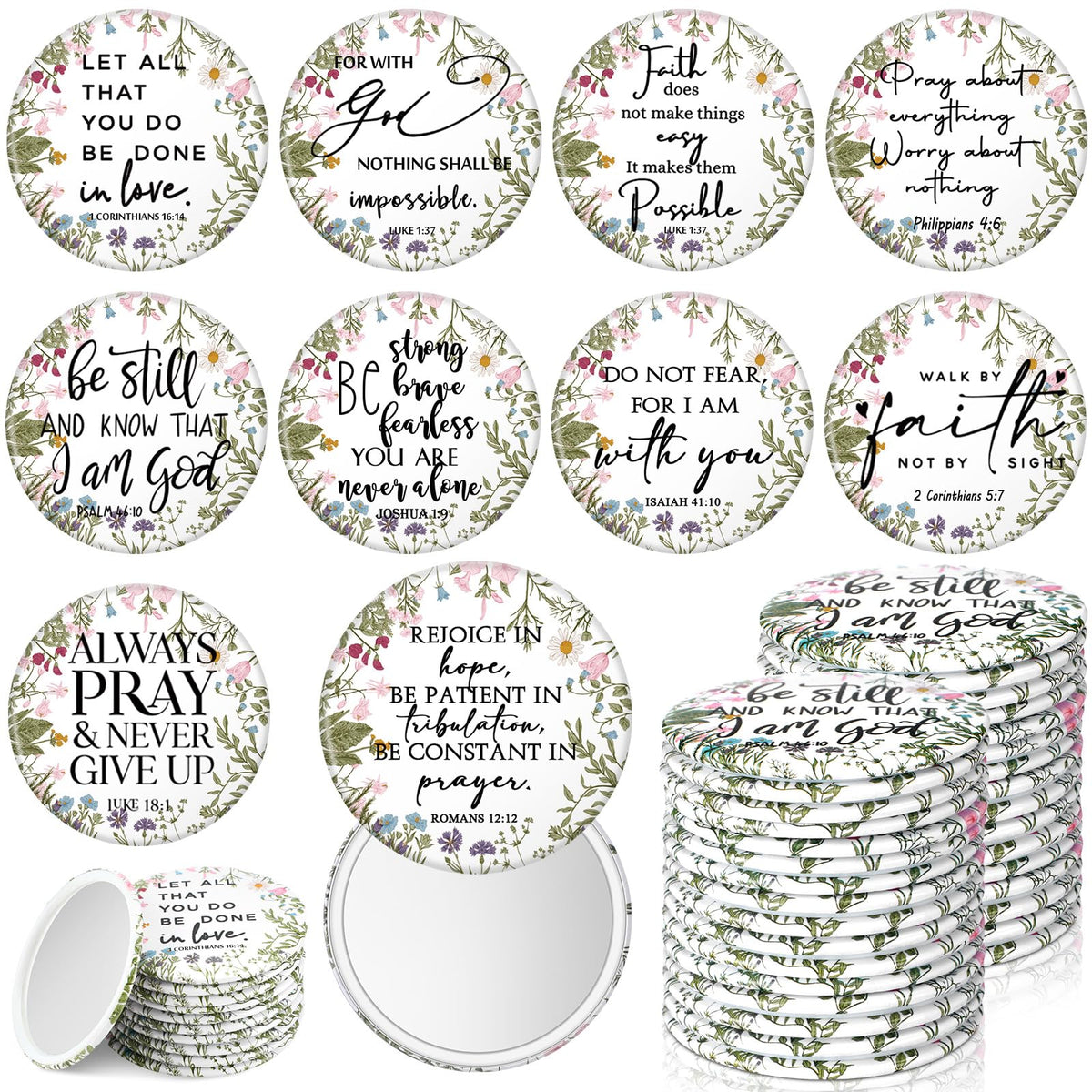 GlikCeil 40-pack wildflower Bible mirrors, compact and portable for on-the-go touchups.