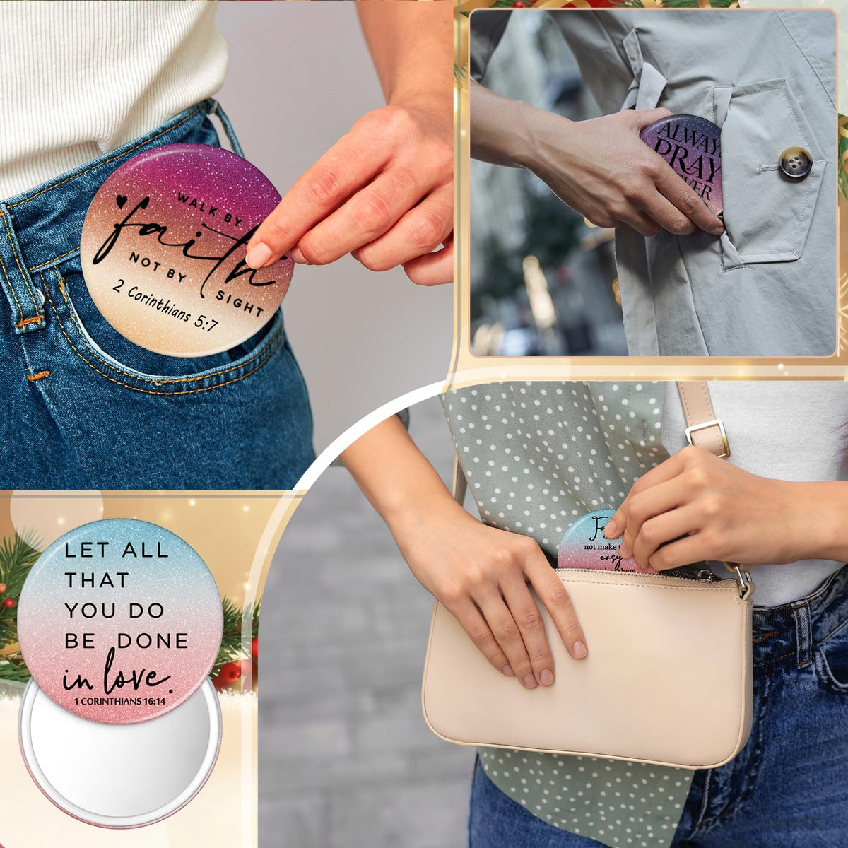 GlikCeil compact mirrors fit into purses, wallets, and bags.