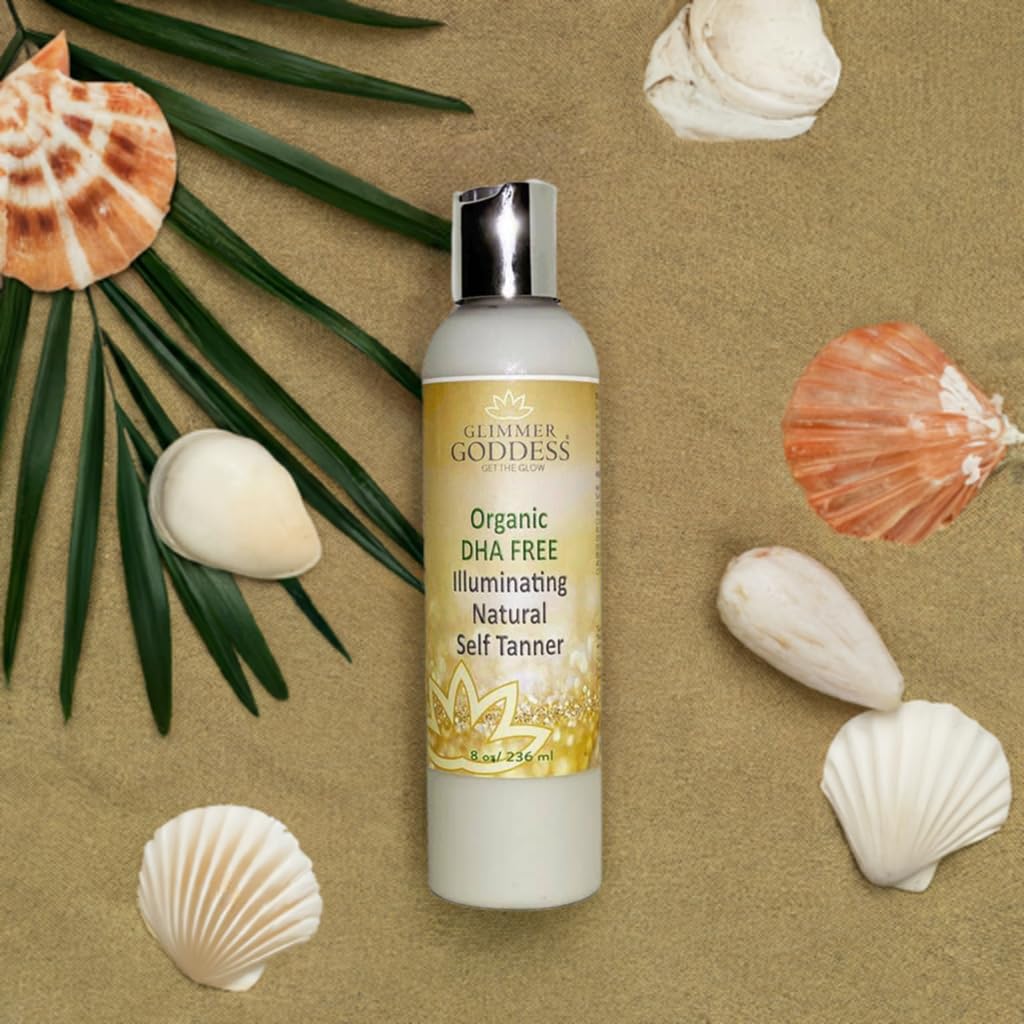 Glimmer Goddess 8 oz self Tanner packaging highlights eco friendly materials