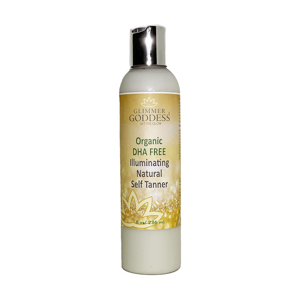 Glimmer Goddess Organic DHA-Free Self Tanner bottle showing vegan formula for gradual bronze