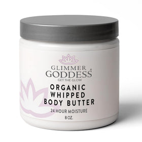 GLIMMER GODDESS whipped body butter jar close-up, rich hydration with a non-greasy finish