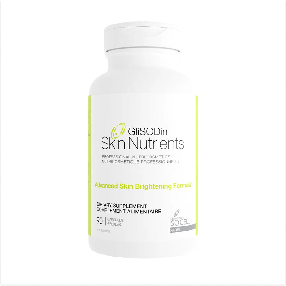 GliSODin Skin Nutrients bottle front illustrates brightening potential for radiant skin.