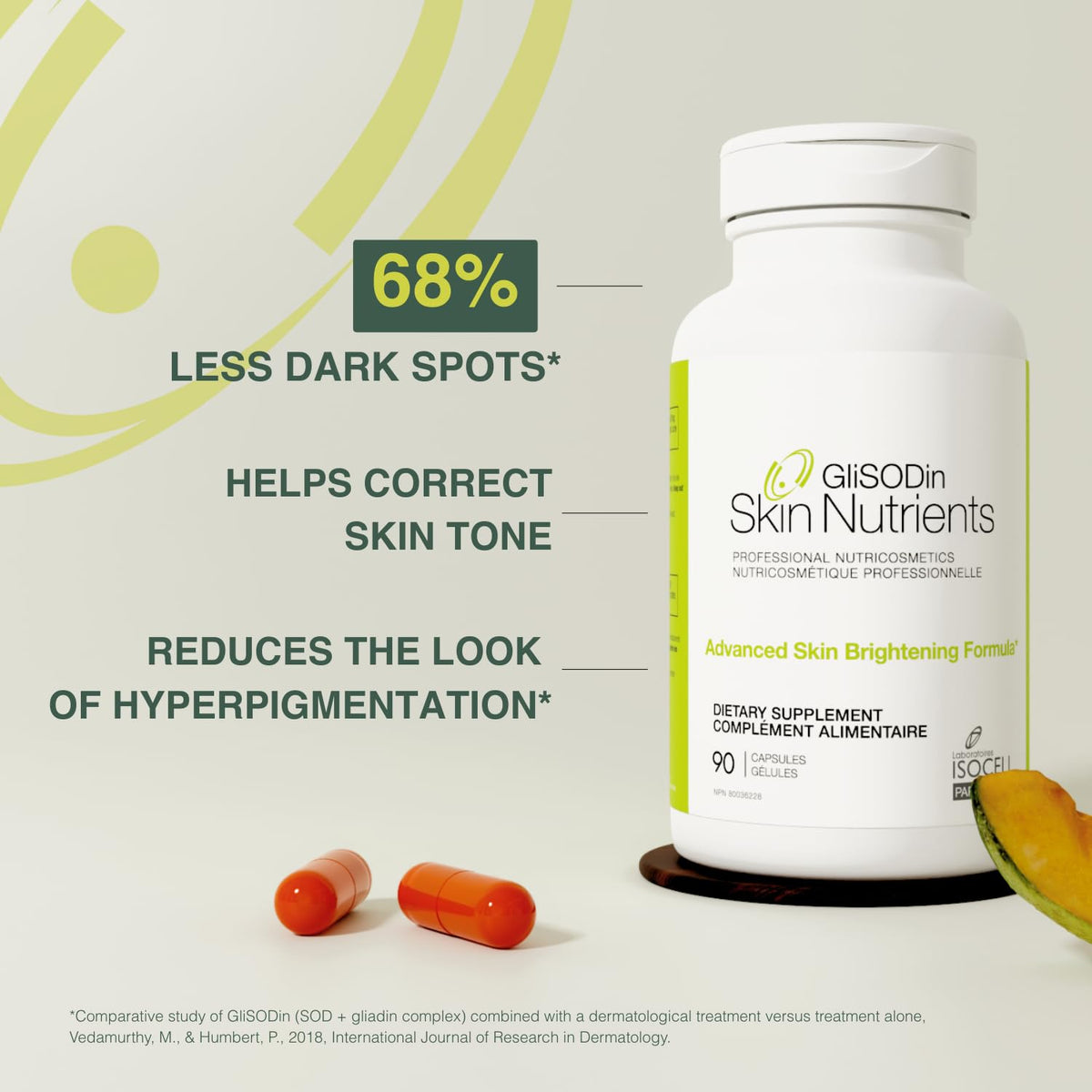 GliSODin Skin Nutrients capsule closeup shows convenient dosage for even skin tone.