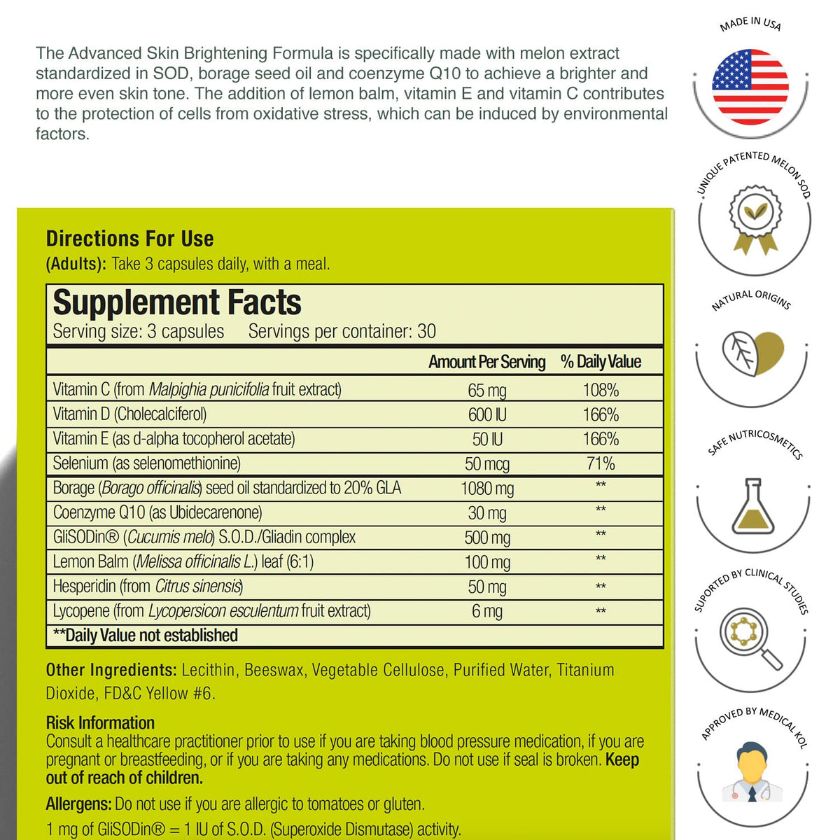 GliSODin Skin Nutrients capsules count indicates a 3-month supply.