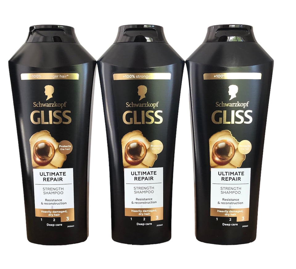 GLISS Hair Repair Shampoo bottle front on three-pack packaging.