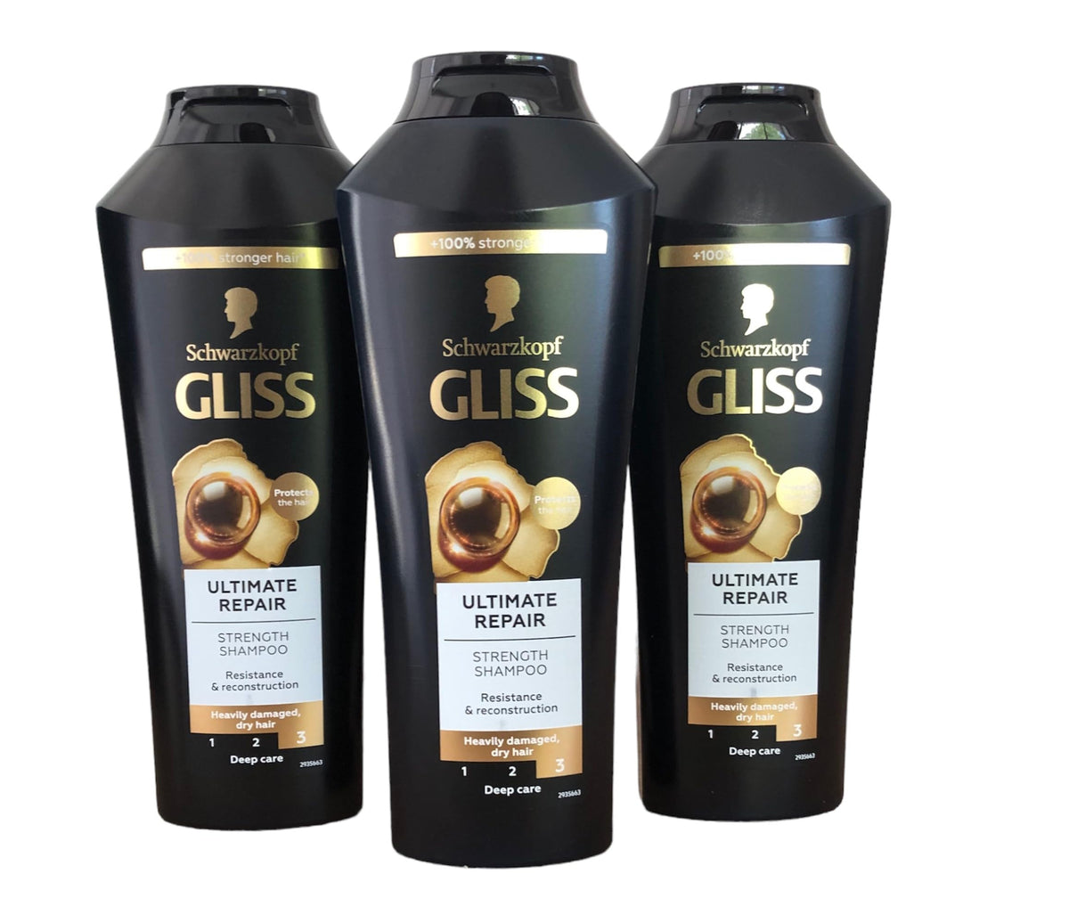 Close-up of GLISS Hair Repair Shampoo highlighting liquid keratin boost for damaged hair.