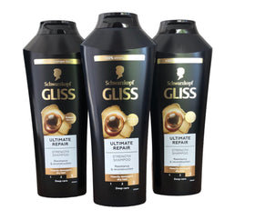 Close-up of GLISS Hair Repair Shampoo highlighting liquid keratin boost for damaged hair.
