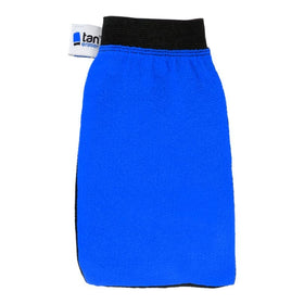 GLMR Works blue exfoliating mitt for gentle exfoliation to remove sunless tan.
