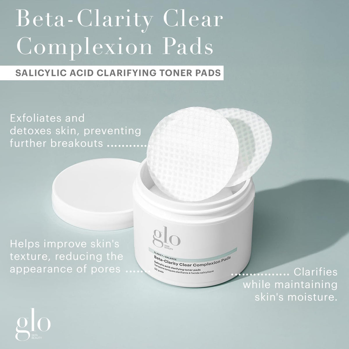 Glo Skin Beauty Clear Complexion Pads jar highlighting easy daily use.