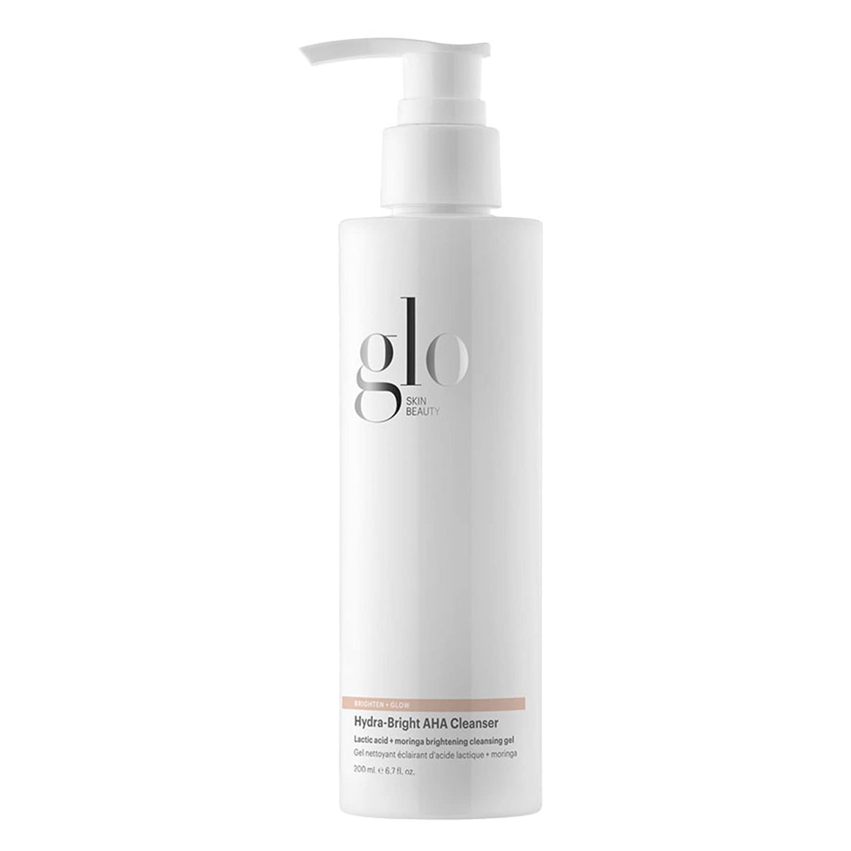 Glo Skin Beauty Hydra-Bright AHA Cleanser bottle showcases hydrating formula for all skin types.