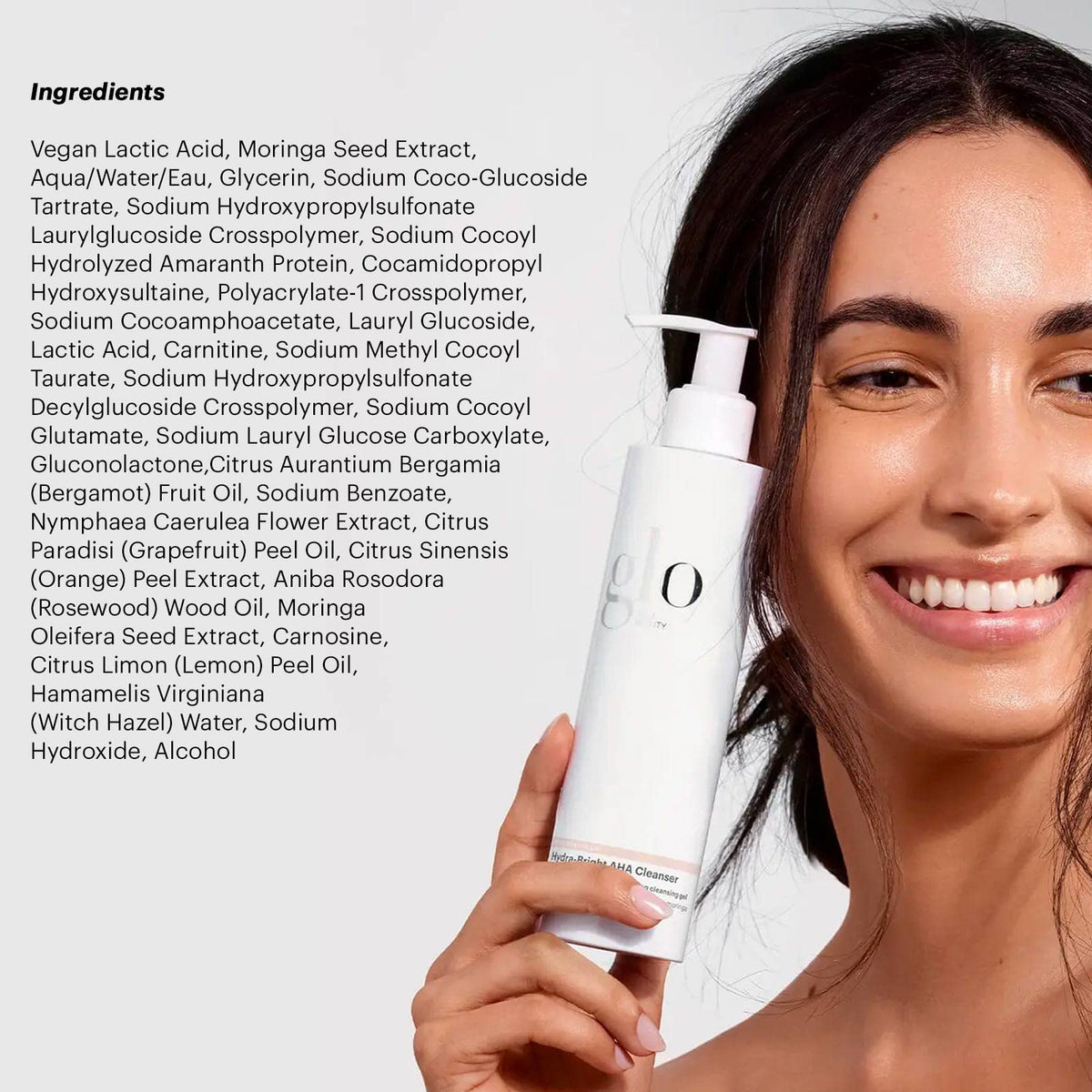 Glo Skin Beauty Hydra-Bright AHA Cleanser packaging with pump bottle supports daily skincare.