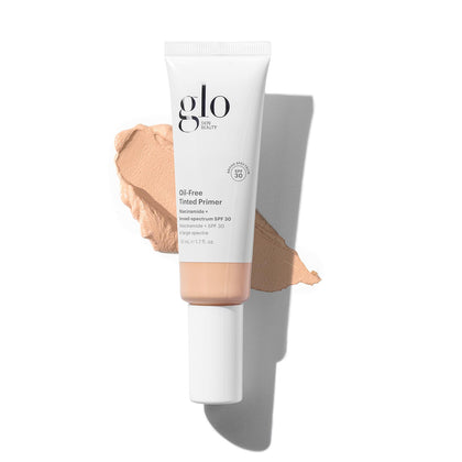 Glo Skin Beauty oil-free tinted primer SPF 30 bottle close-up for balanced complexion