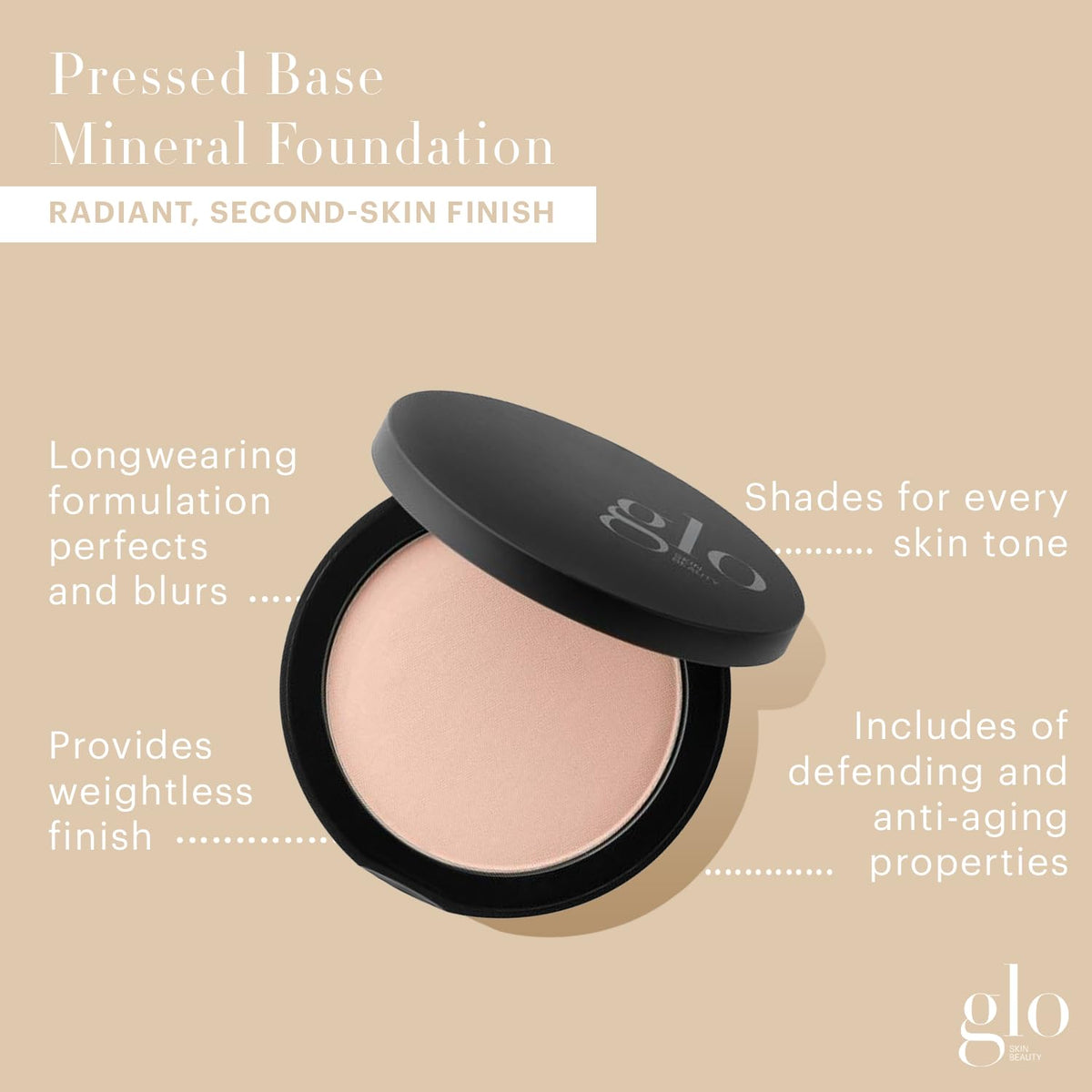 Glo Skin Beauty pressed base beige light swatch showing natural color match