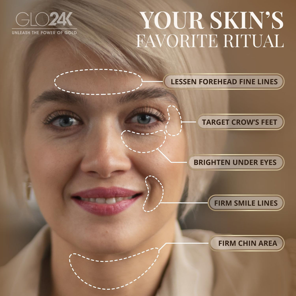 GLO24K 24k gold particles close-up highlights premium anti-aging shimmer.