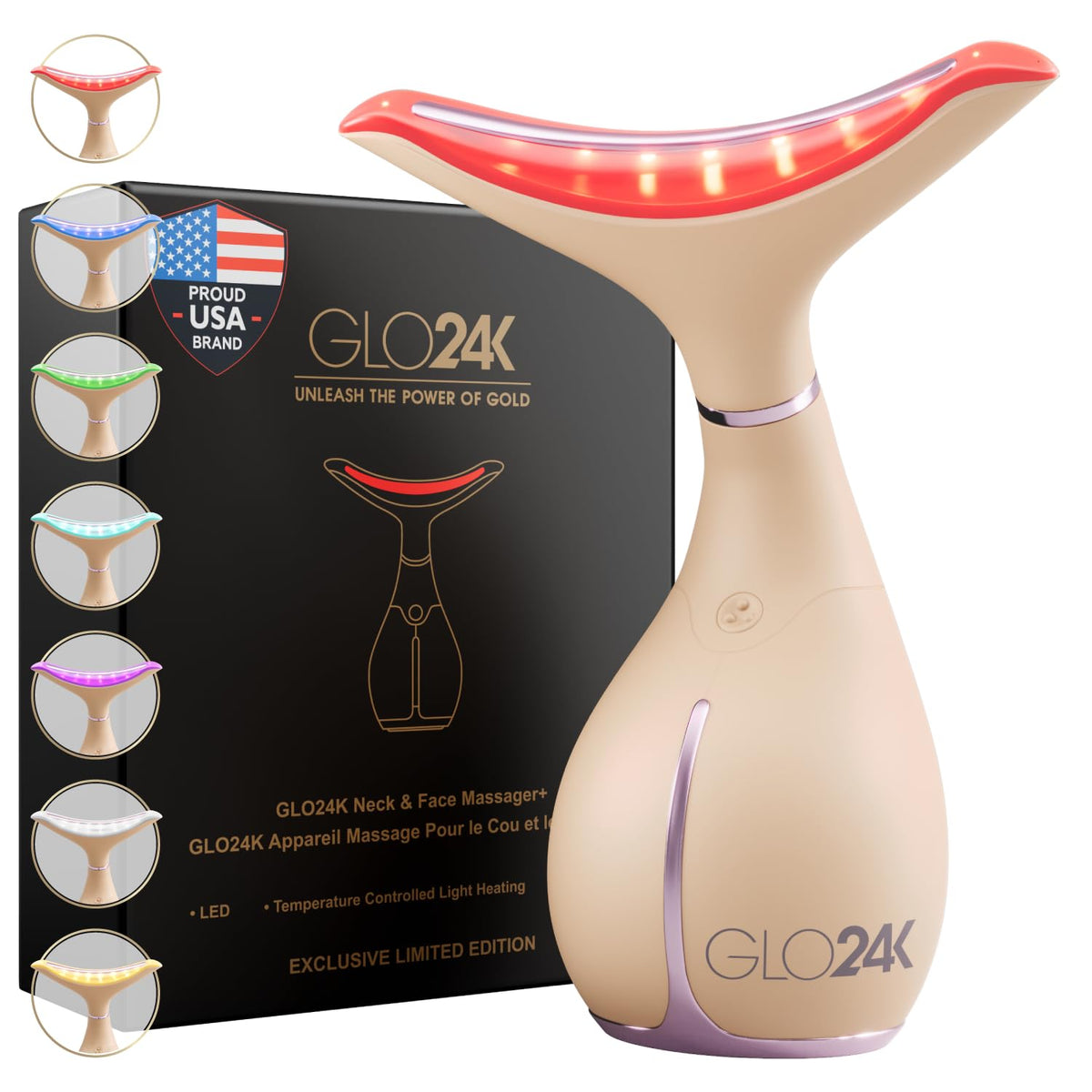 GLO24K face and neck red light massage device for jawline and neckline care.