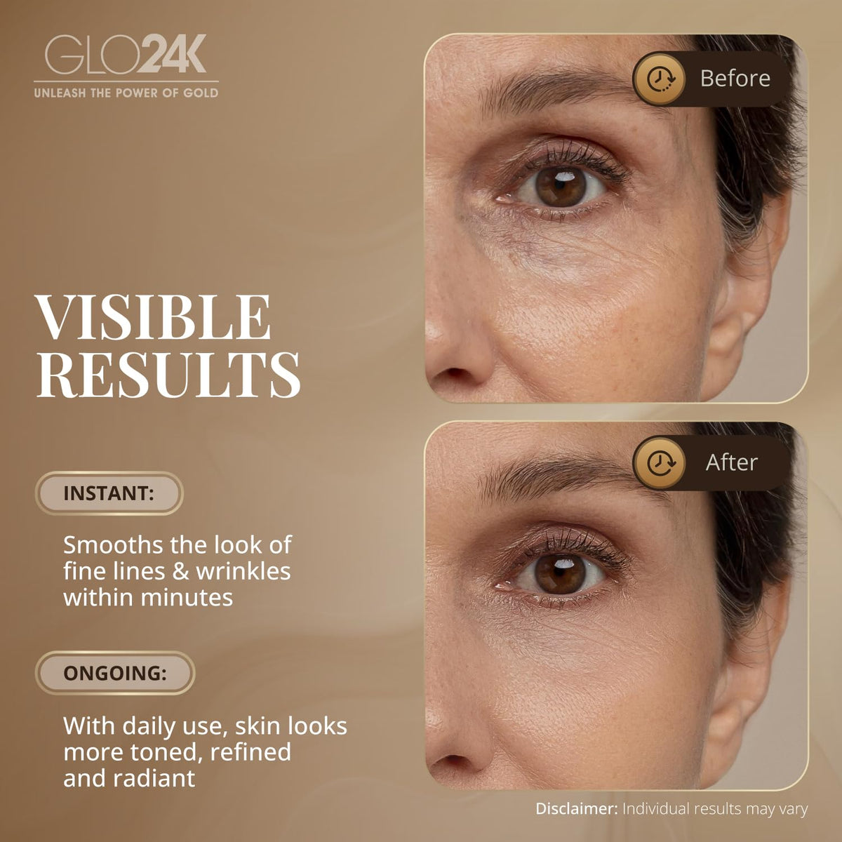 GLO24K Hexapeptide-8 anti-wrinkle illustration suggests smoothing at the surface.