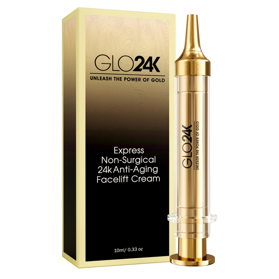 GLO24K Instant Facelift Cream tube shows precise application for a smoother look.