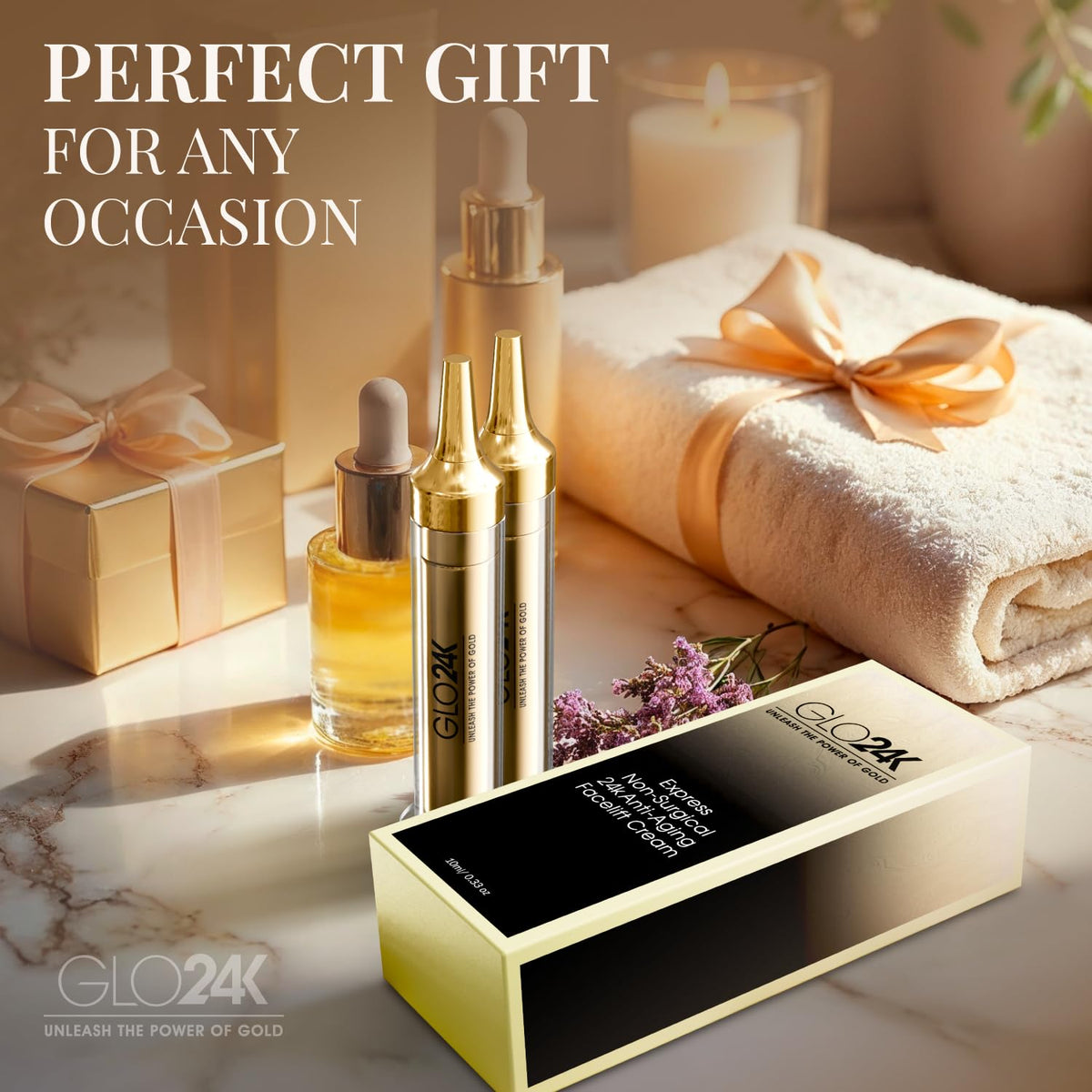 GLO24K luxury routine scene communicates instant toning potential on vanity.