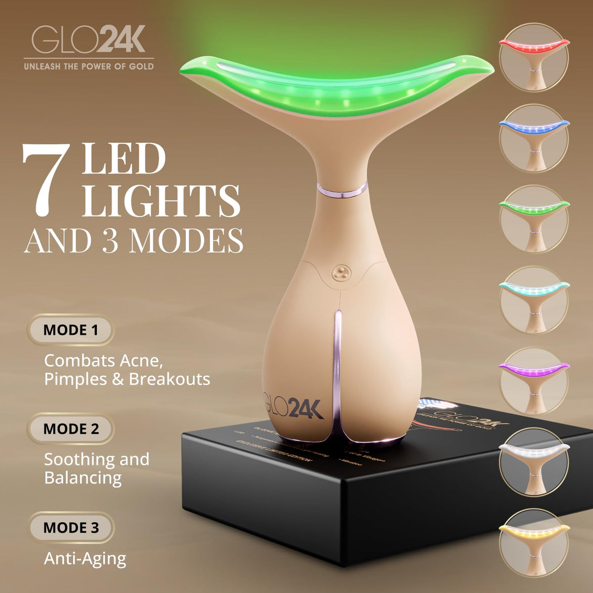 GLO24K triple LED action device for enhanced facial treatment.