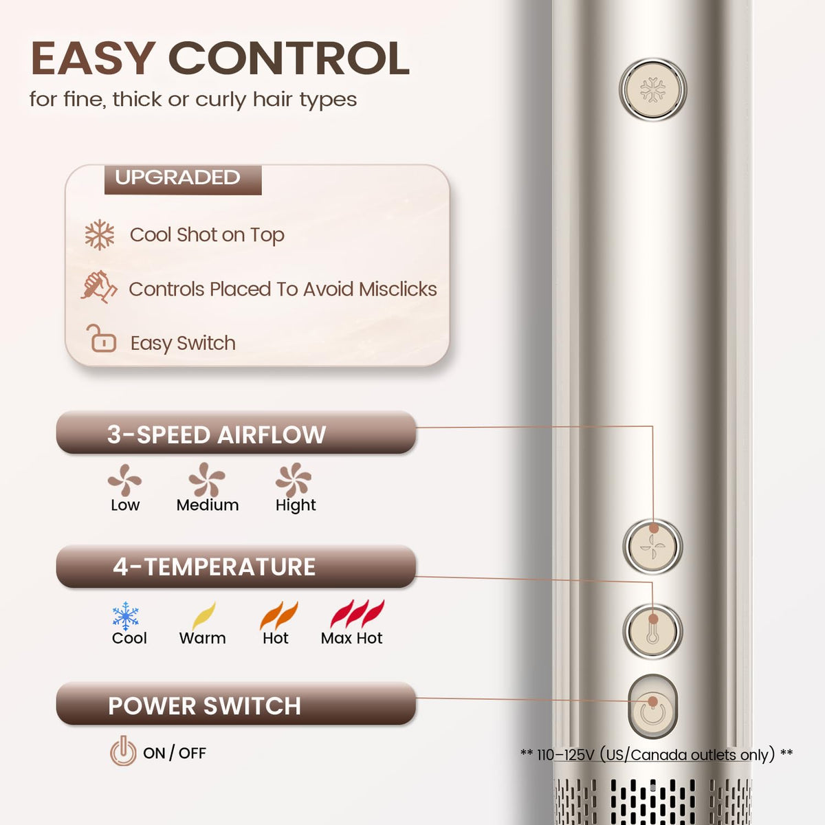 GloCurlX ionic care reduces frizz with up to 500 million negative ions.