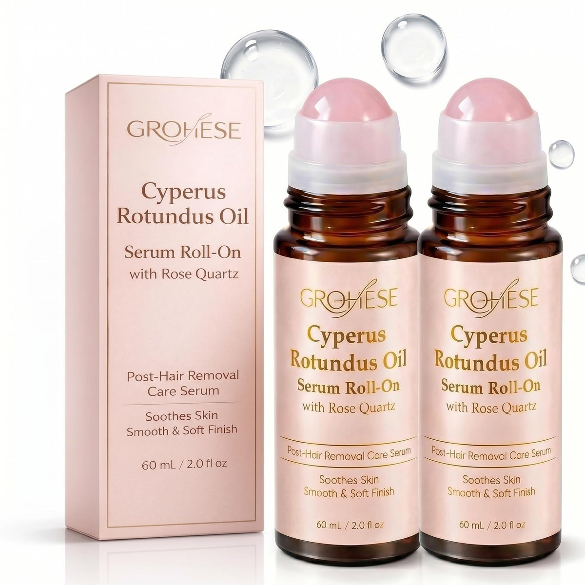 GLOE Cyperus Rotundus Roll-On with rose quartz for precise, cooling post-grooming care.