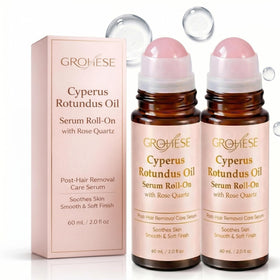 GLOE Cyperus Rotundus Roll-On with rose quartz for precise, cooling post-grooming care.