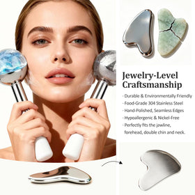 GLOLAKE Stainless steel gua sha glides smoothly for facial contouring.