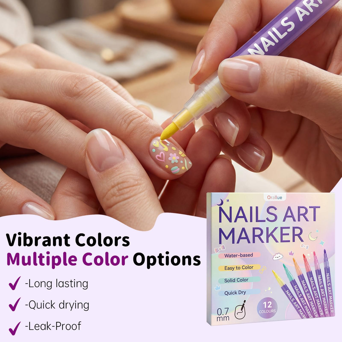 Glopink 0-7mm fine tip nail art marker delivers precise lines for intricate details.