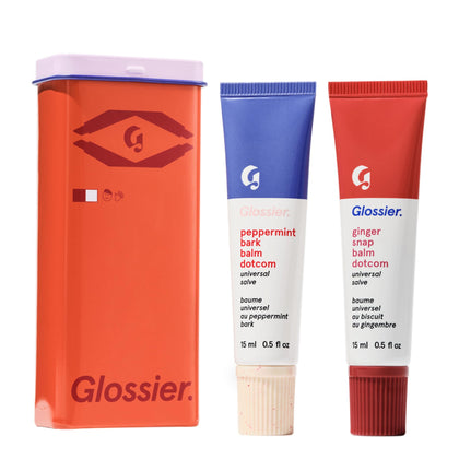 Glossier Balm Dotcom Peppermint Bark 15ml bottle close-up; cooling, hydrating formula for lips.