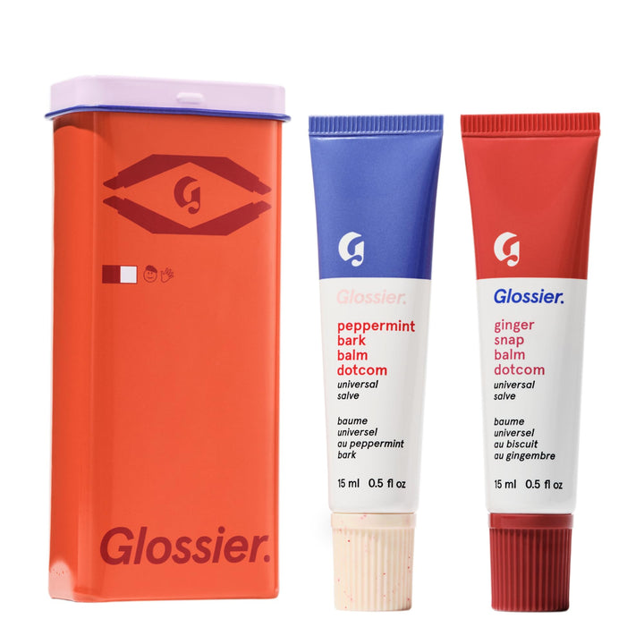 Glossier Balm Dotcom Peppermint Bark 15ml bottle close-up; cooling, hydrating formula for lips.