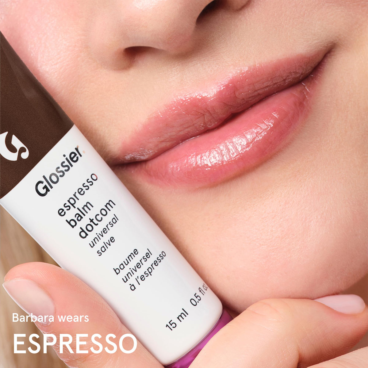 Glossier Balm Dotcom Espresso application for buildable lip color.
