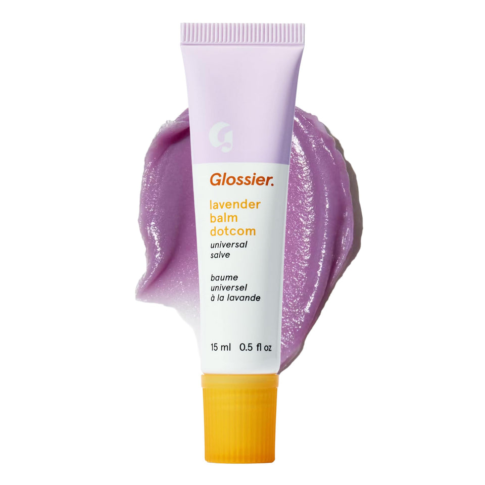 Glossier Balm Dotcom Hydrating Lip Balm packaging close-up showcasing lavender tint hydration