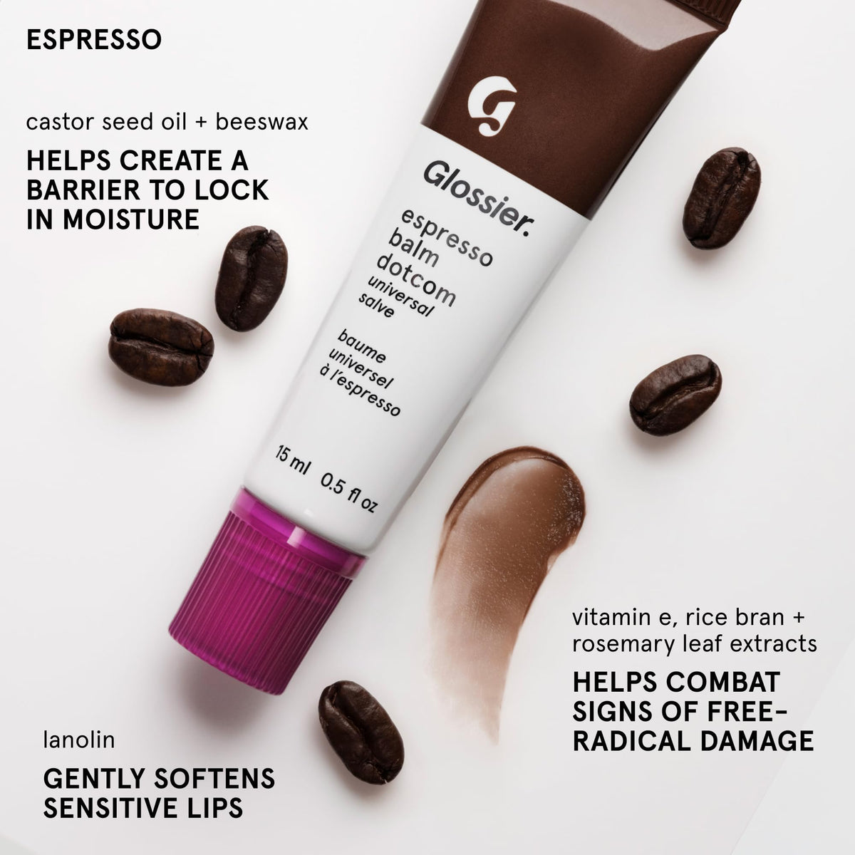 Glossier Balm Dotcom Lanolin Beeswax Castor Oil formula hydrates lips.