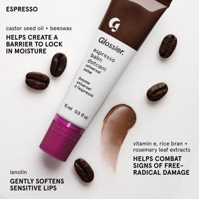 Glossier Balm Dotcom Lanolin Beeswax Castor Oil formula hydrates lips.
