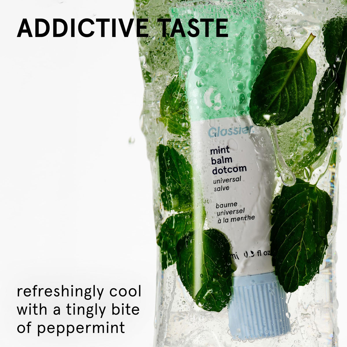 Glossier Balm Dotcom Mint texture close-up showing clear hydration