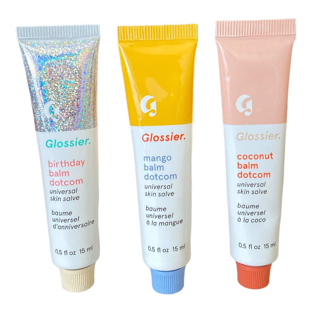 Glossier Balm Dotcom Trio Birthday: soft shimmer balm adds natural glow for everyday or special moments.