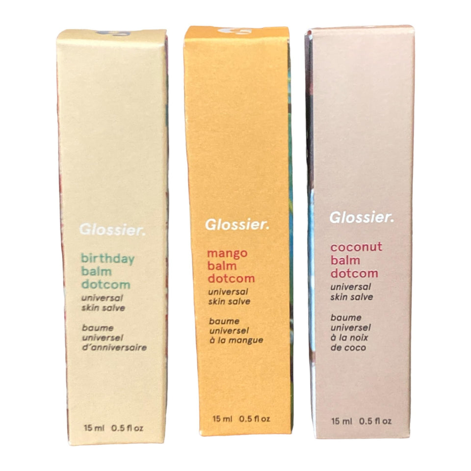 Glossier Balm Dotcom Trio Mango: mango-tinted balm offering subtle color and lasting hydration.